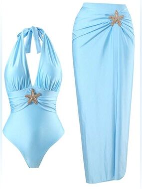 Swim Oasis Light Blue Shiny Fabric Starfish One-Piece Swimsuit & Beach Skirt